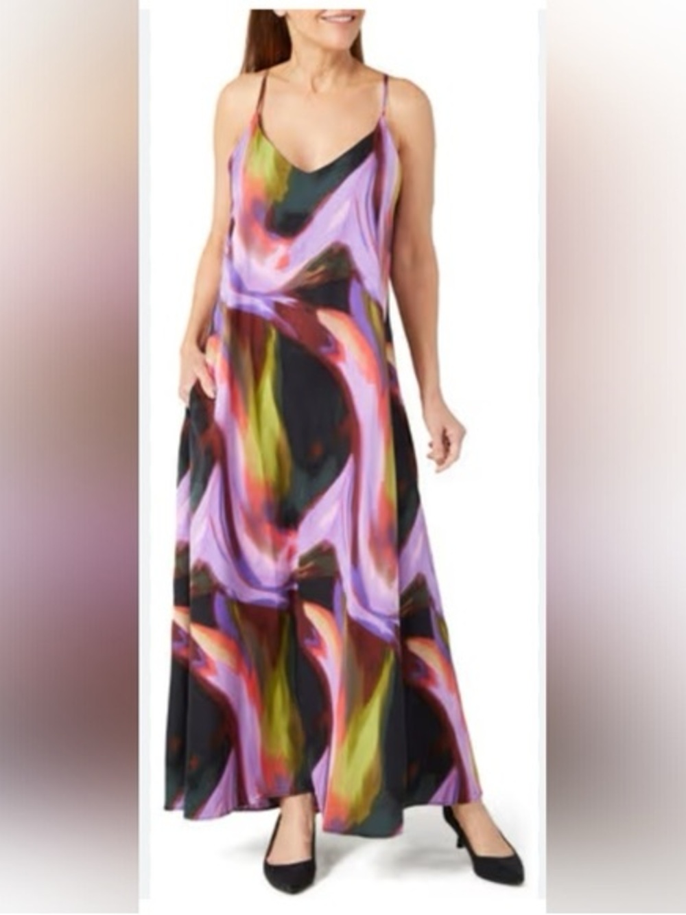 Nicole Miller Palma Satin Vibrant Watercolor Maxi Dress Size Large Racer Back